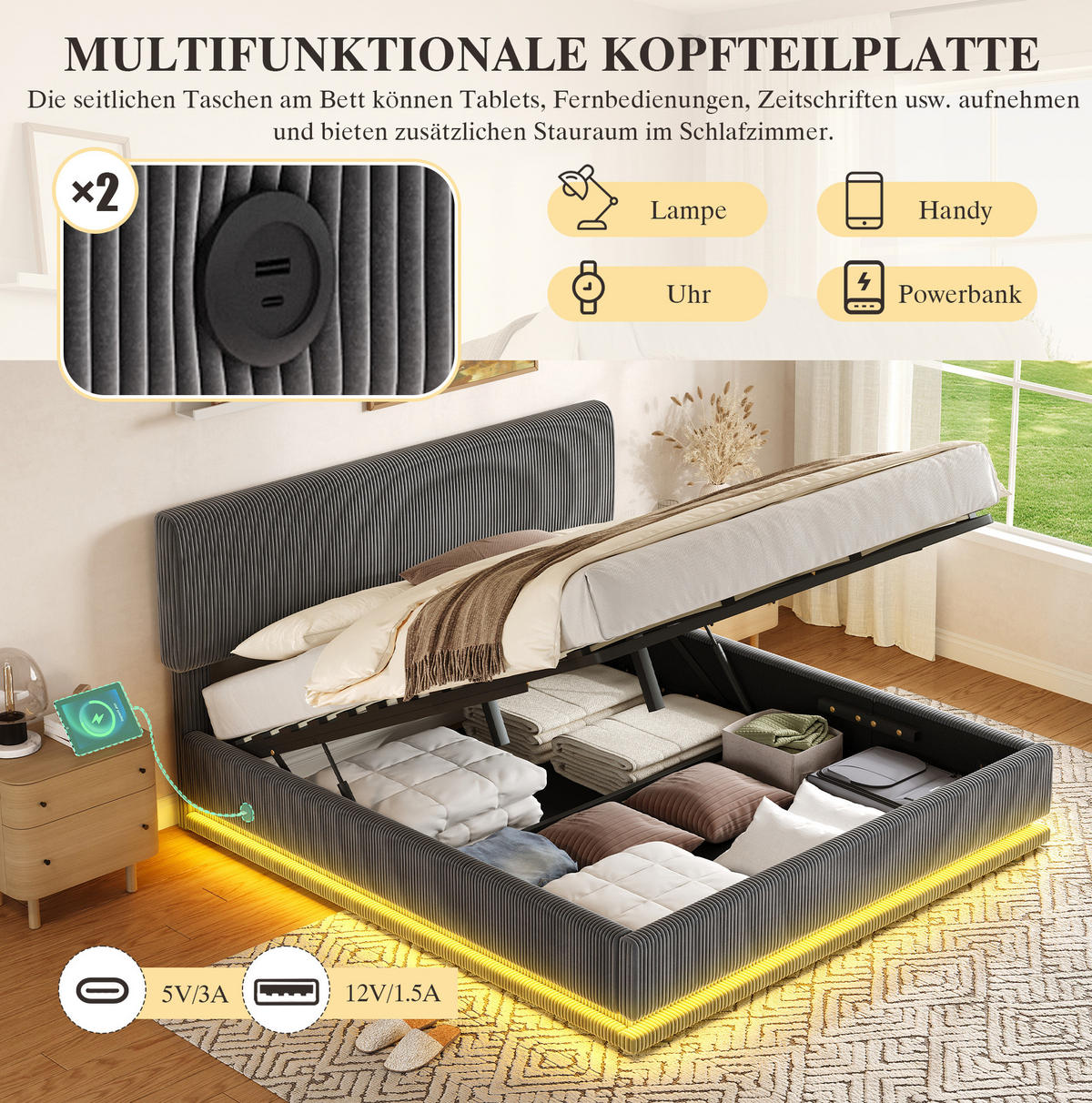 POLSTERBETT mit LED und USB-C 140x200 cm Cord Dark Grey - Dunkelgrau, Metall (140/200cm) - Meubliv