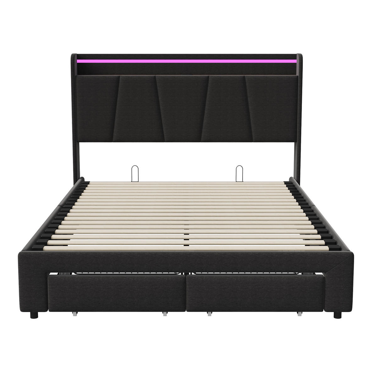 BETT 160 x 200 cm mit Stauraum, mit 2 Schubladen, LED-Beleuchtung und USB-Anschlüssen, Kopfteil - Grau, Holzwerkstoff/Textil