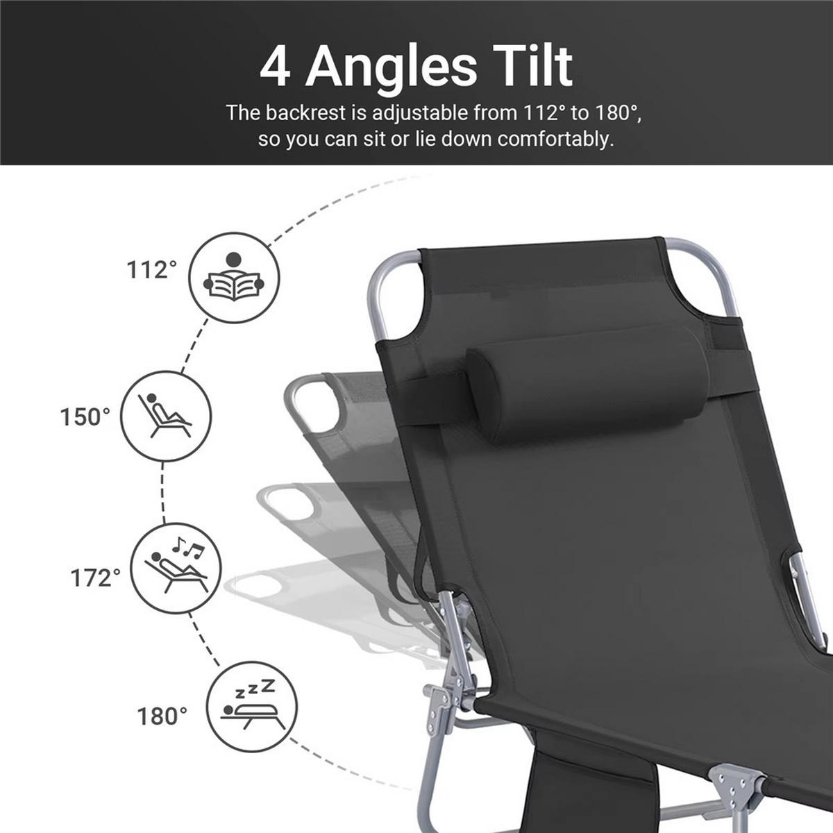 GARTENLIEGE 2ER SET Klappbar mit Kopfkissen - Schwarz, Metall (56/81/155cm) - Coonoor