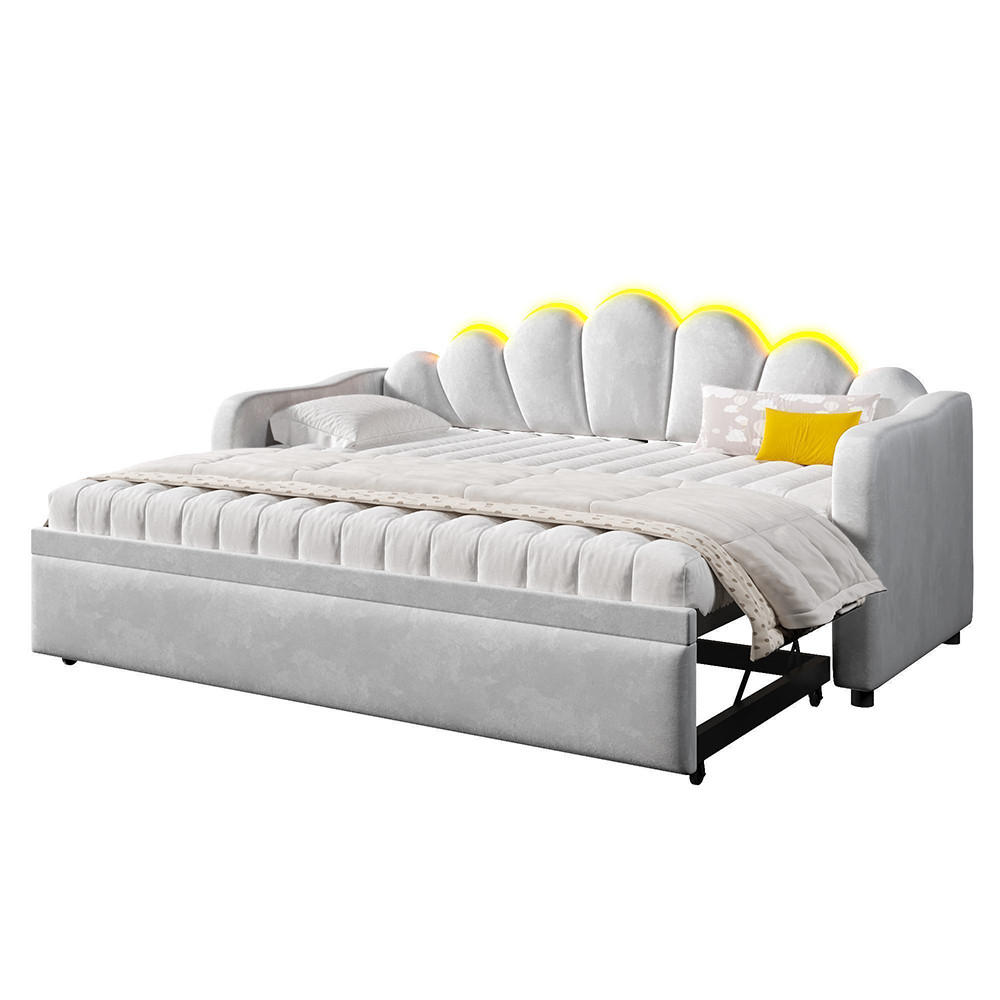 POLSTERBETT 90x200 cm mit Ausziehfunktion und LED-Beleuchtung, Grau - Grau, Holz (90/200cm) - KOMHTOM