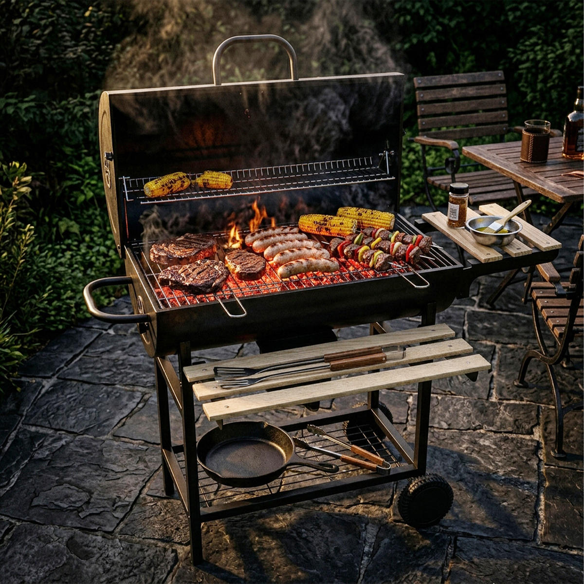 HOLZKOHLEGRILL - Schwarz, Holz/Metall (114.5/95/69cm) - Relaxdays