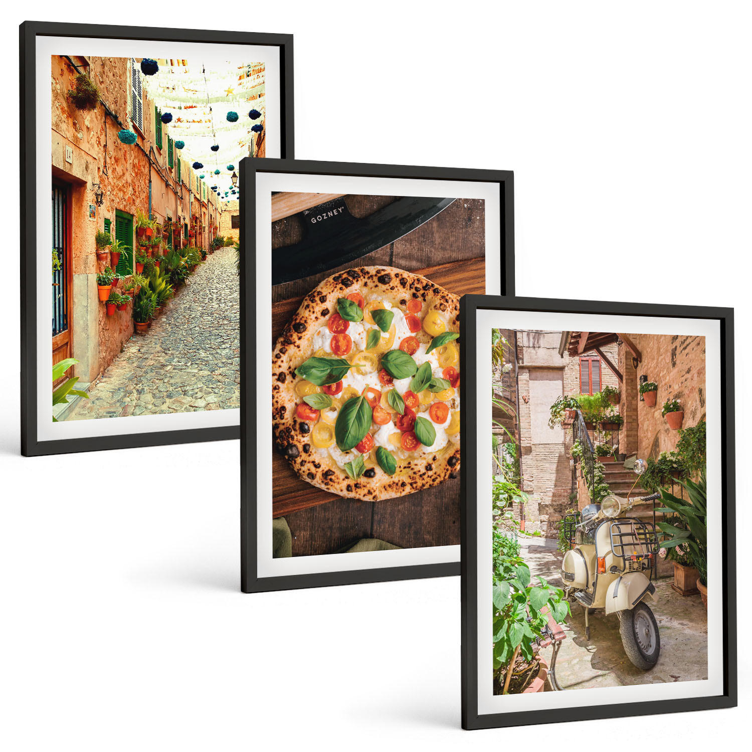 BILDER SET 3er Set - 40x60 cm Schwarzer Rahmen - Charmante Straßen mit Pizza - Schwarz, Kunststoff (40/60cm) - TULUP