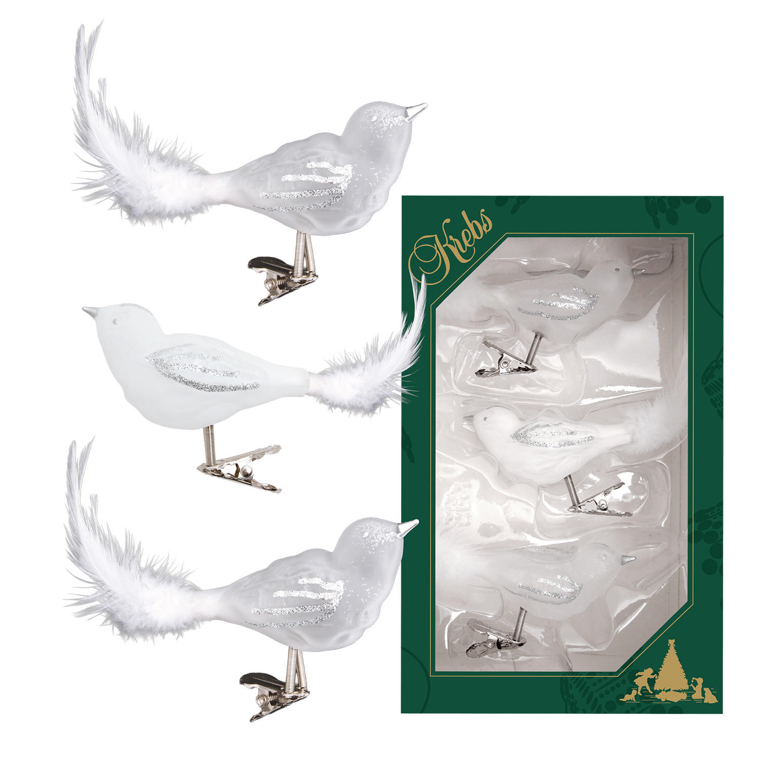 CHRISTBAUMSCHMUCK Waldvögel Weiß 9cm (Glas / 3 Stk.) - Weiß, Glas (4/4/9cm) - Krebs Glas Lauscha