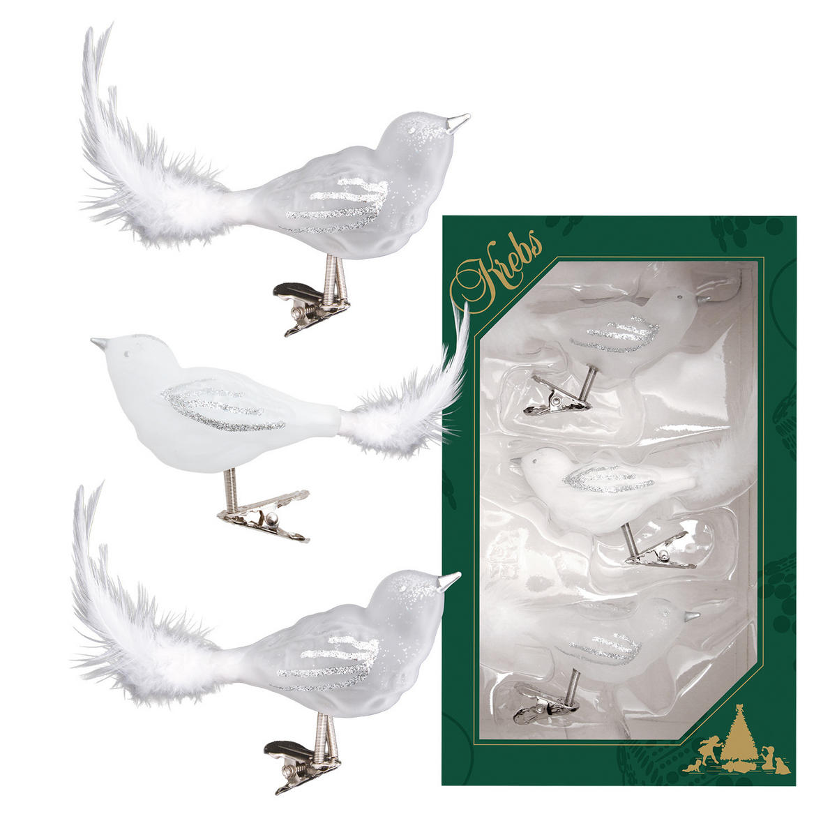 CHRISTBAUMSCHMUCK Waldvögel Weiß 9cm (Glas / 3 Stk.) - Weiß, Glas (4/4/9cm) - Krebs Glas Lauscha
