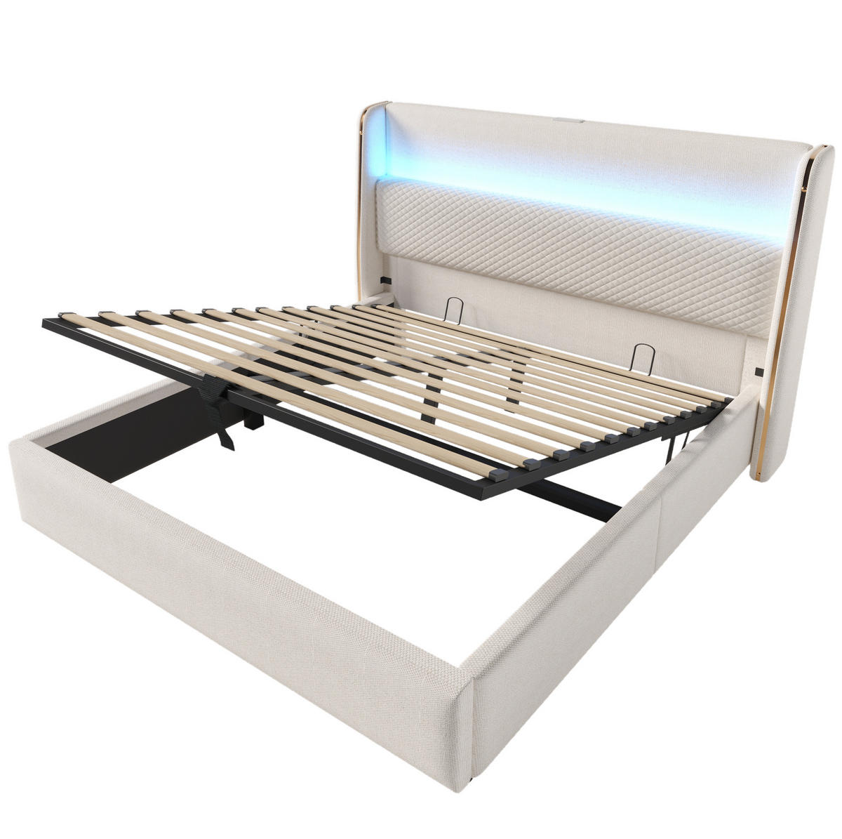 POLSTERBETT mit LED-Beleuchtung 140/200 cm mit Bettkasten & USB/Type-C - Beige, Textil (140/200cm) - BEAOK