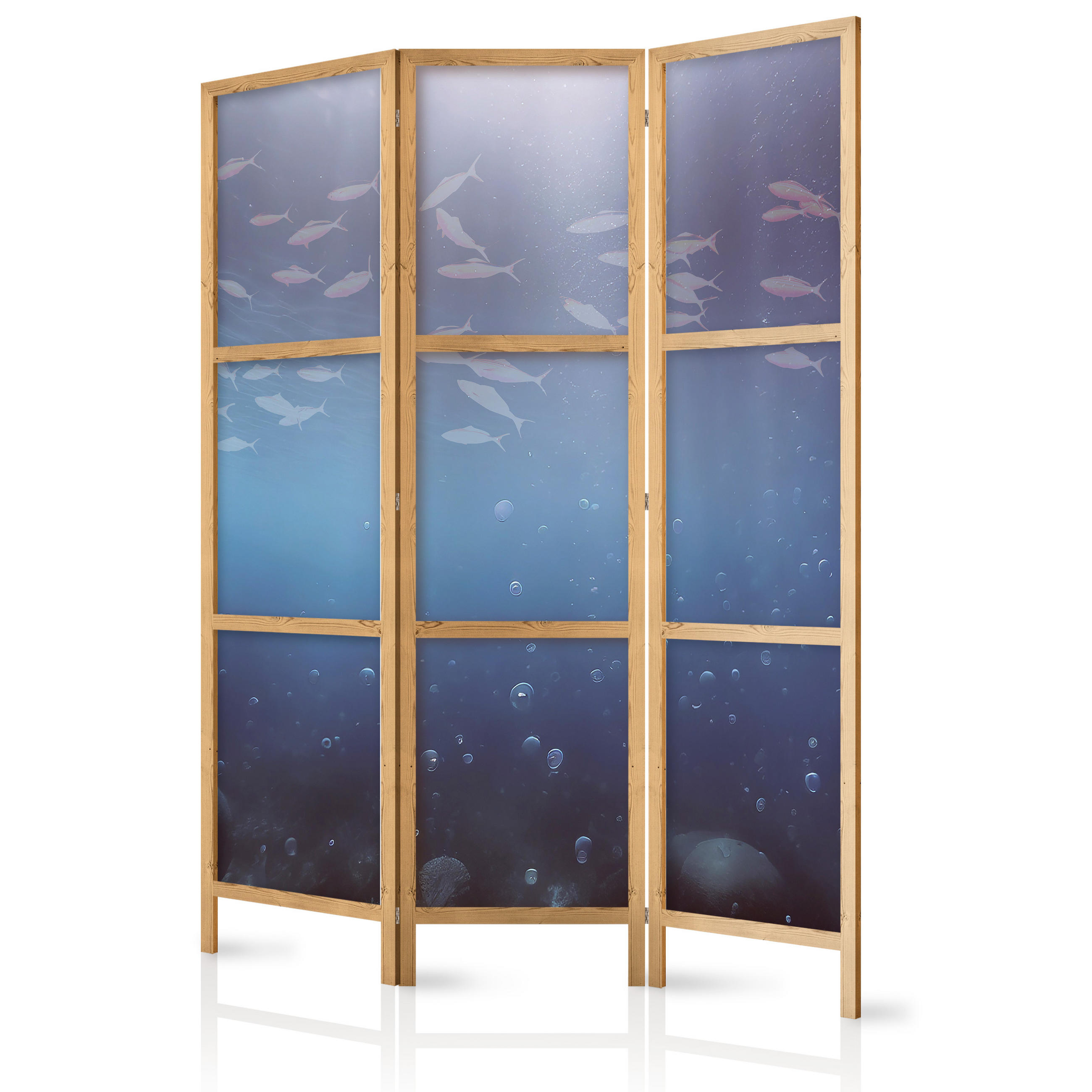PARAVENT Japanischer 3-tlg 135x172 cm Fischschwarm - Blau, Holz/Textil (135/172/3cm) - Muralo
