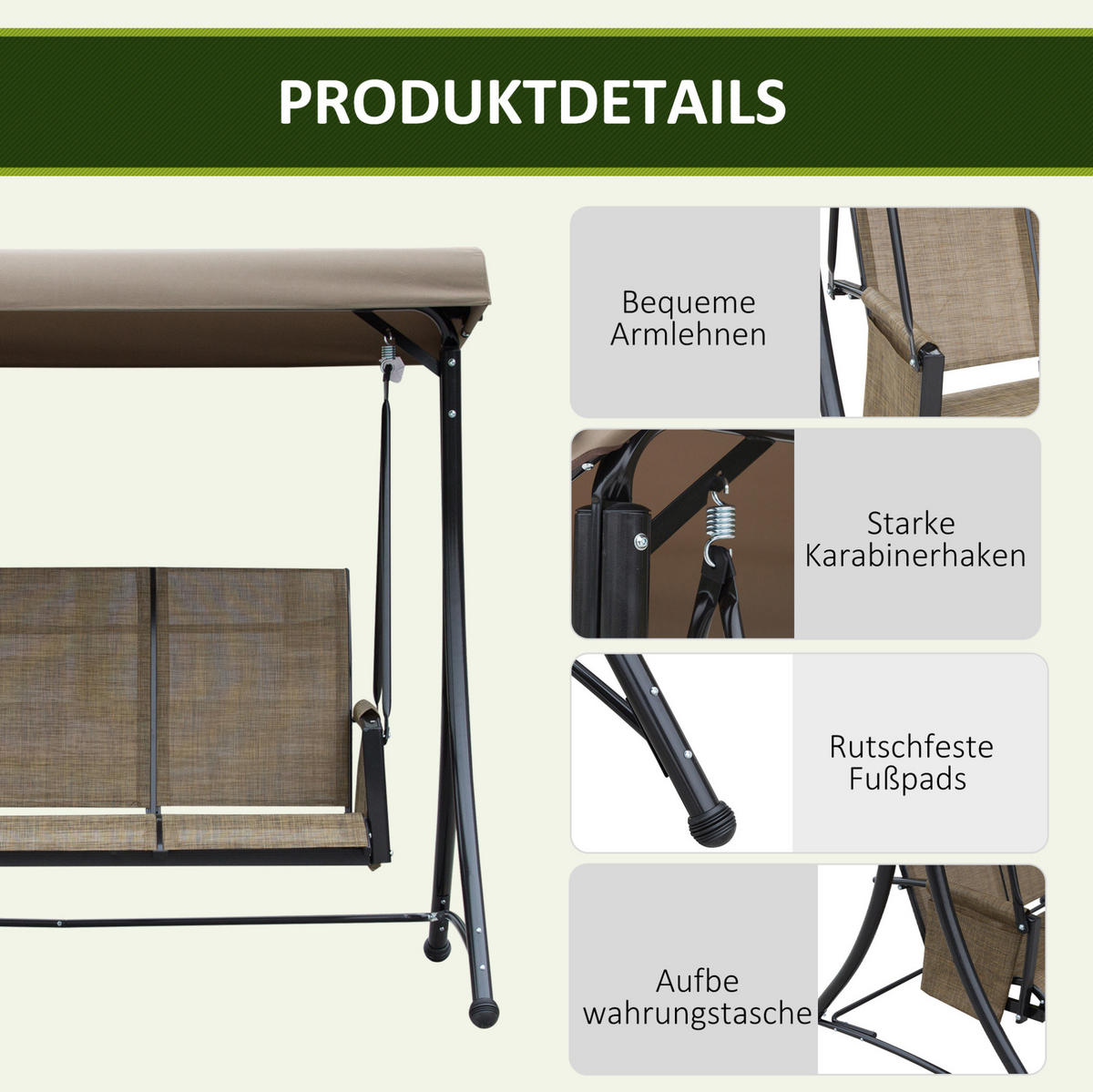 HOLLYWOODSCHAUKEL 196/128/172 cm mit verstellbarem Sonnendach und Seitentaschen aus Polyester, Braun - Braun, Metall (128/172/196cm) - Redom