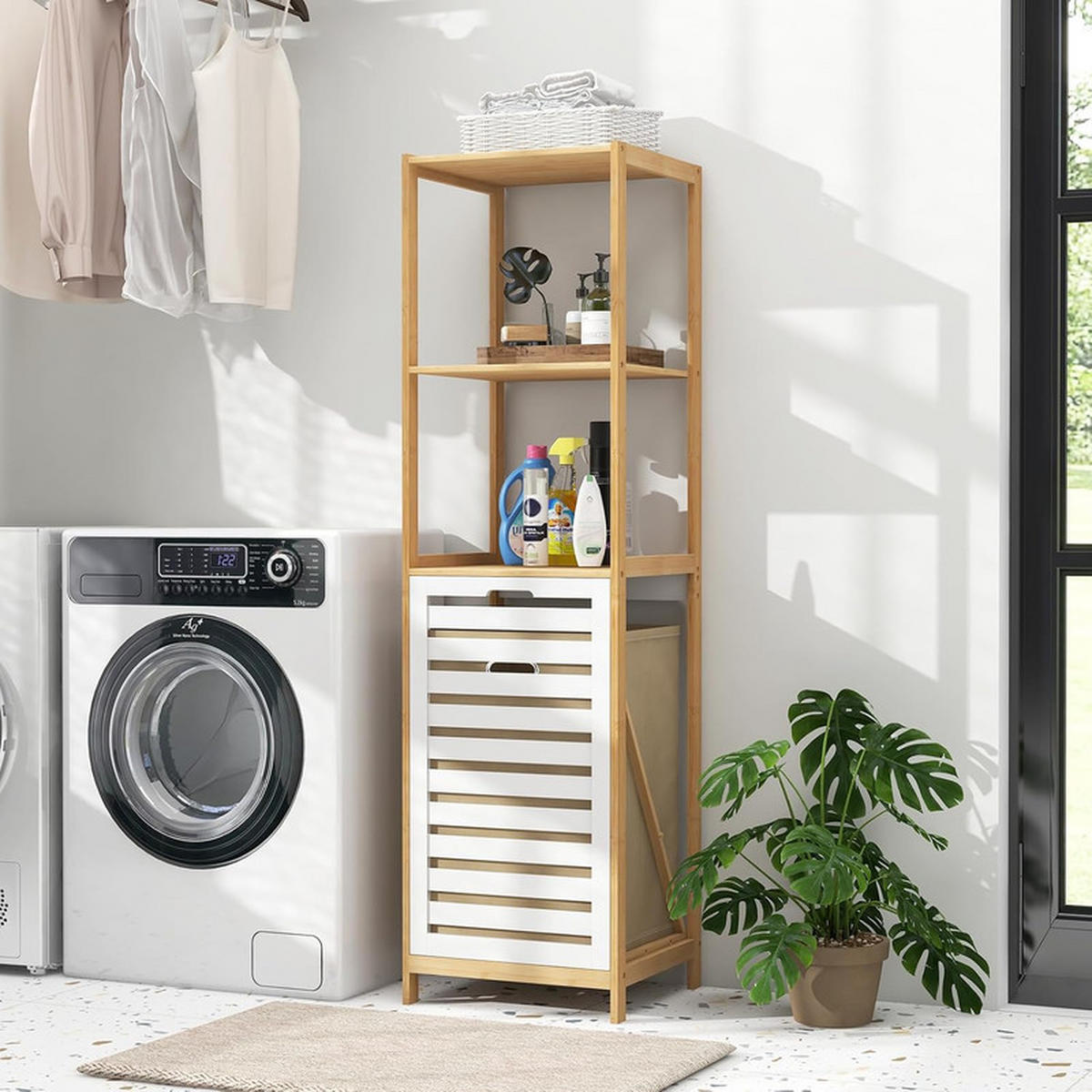 BADEZIMMERREGAL mit Wäschekorb natur - Naturfarben, Naturmaterialien (36/130/33cm) - COSTWAY