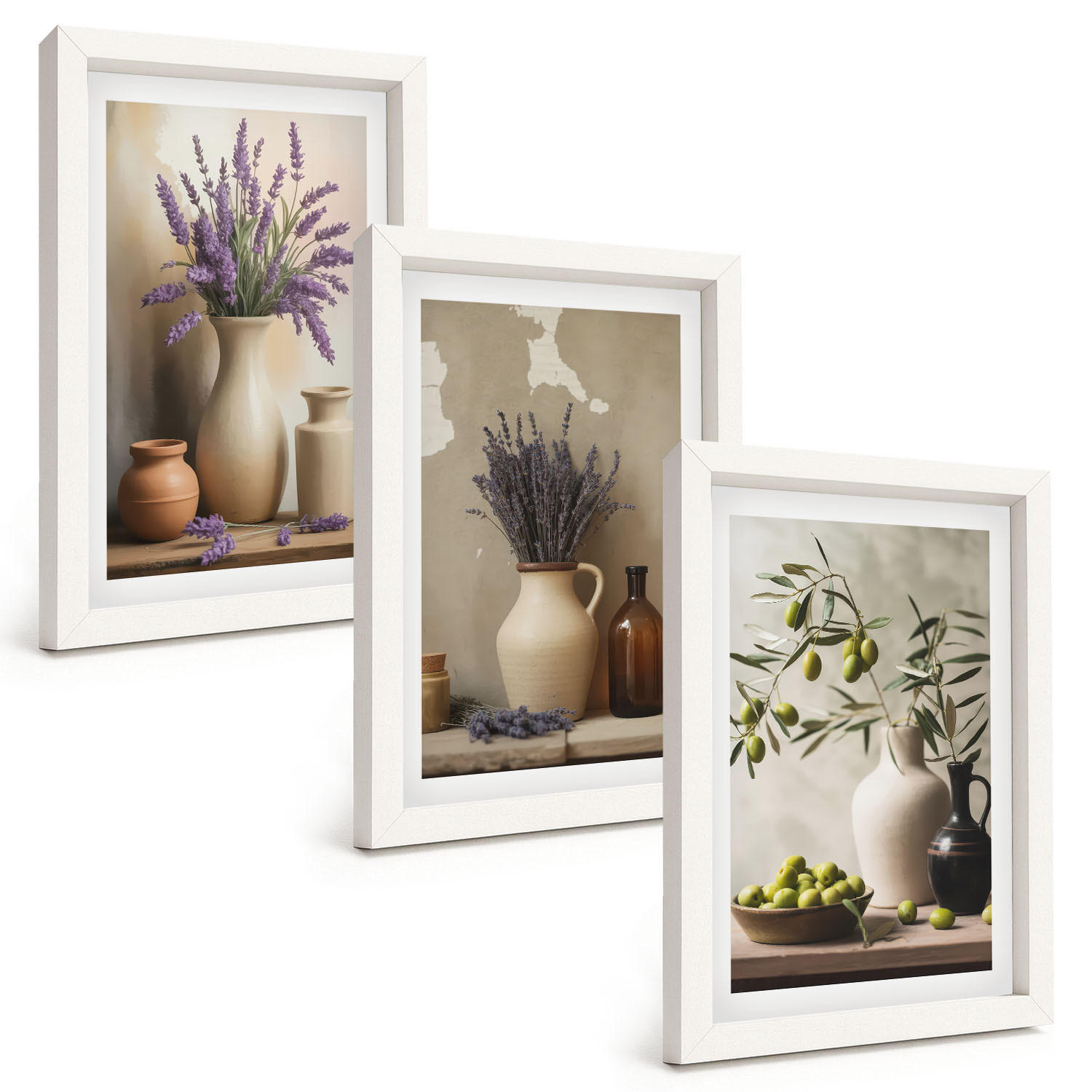 BILDER SET 3er Set - 20x30 cm Weißer Rahmen - Blumen in Vasen, Oliven, Dekorationen - Weiß, Kunststoff (20/30cm) - TULUP
