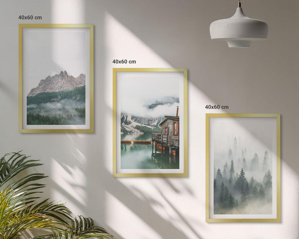 WANDBILDER 3er Set - 40x60 cm Goldrahmen - Berge, See, Hütte, Nebel - Goldfarben, Kunststoff (40/60cm) - ArtPrintCave