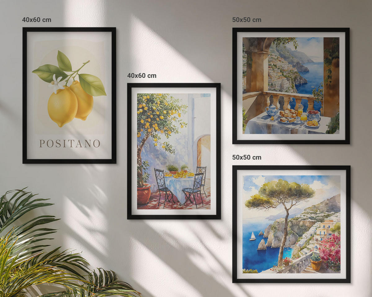 BILDER SET 4er Set - 50x50 cm & 40x60 cm Schwarzer Rahmen - Ansichten der Zitronenarchitektur von Positano - Schwarz, Kunststoff (50/50cm) - TULUP