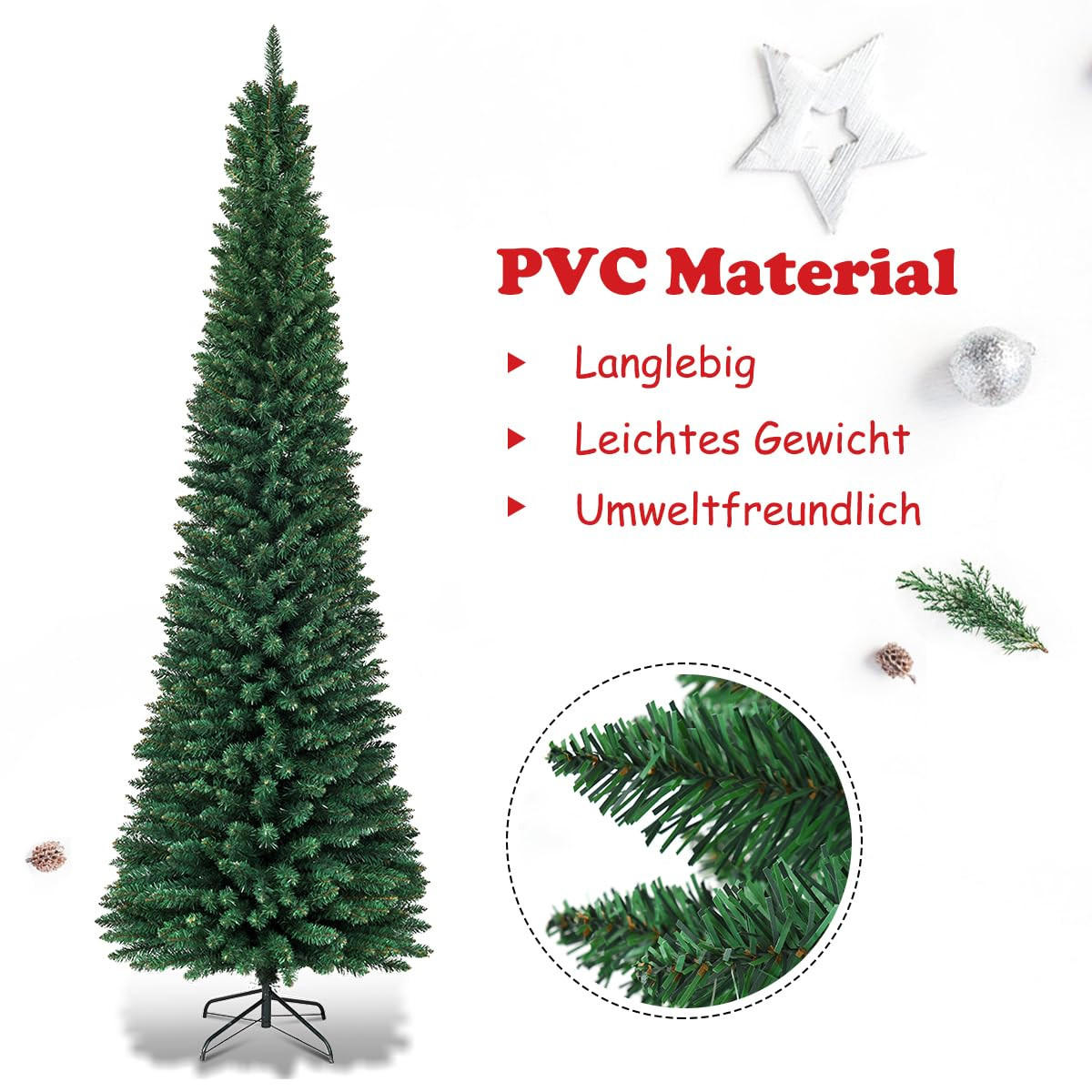WEIHNACHTSBAUM Bleistiftform mit Metallständer 270 cm grün - Grün, Metall (270cm) - COSTWAY