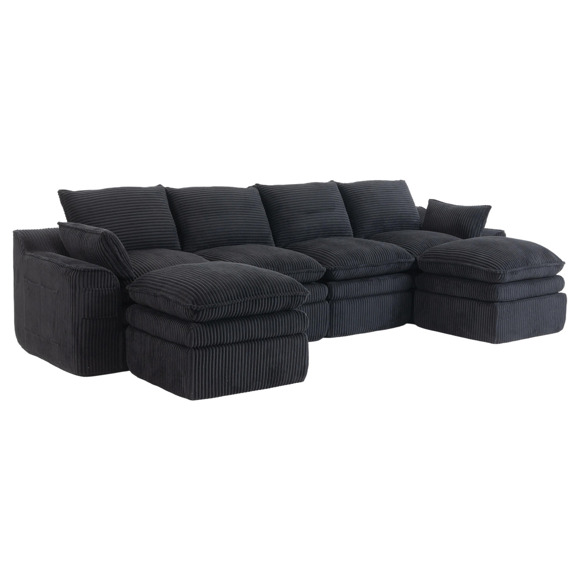 SOFA modular 335x167 cm Cord Black mit 2 Hockern - Schwarz, Kunststoff (167/85/335cm) - Meubliv