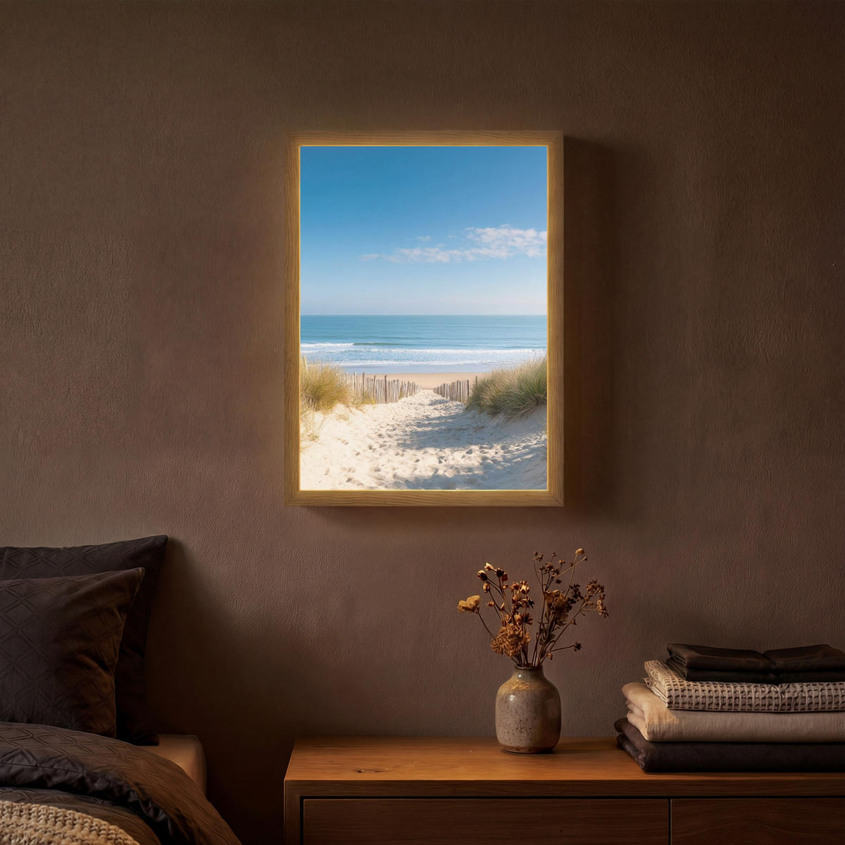 NÁSTĚNNÁ LAMPA S AKUMULÁTOREM Pláž - moře - duny - písek - léto 30x40 cm - písková barva, kompozitní dřevo (30/40/8cm) - OnlyWow