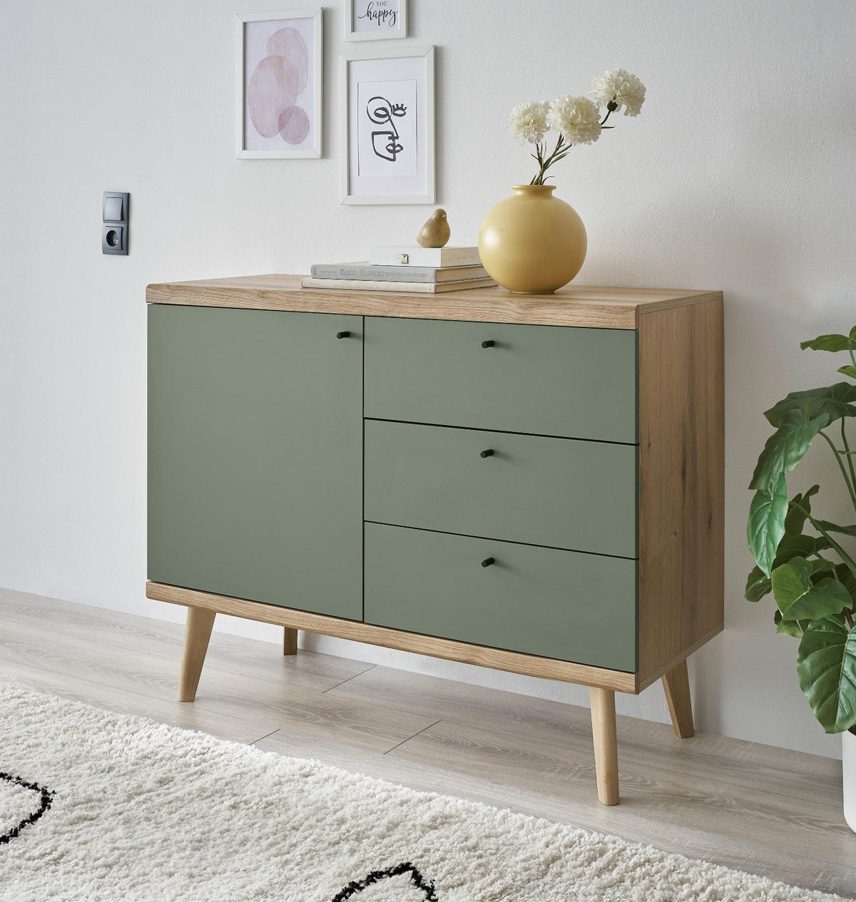 SIDEBOARD Salbei grün, Eiche Evoke, skandinavisch 107 cm, Kommode mit Vollauszug - Salbeigrün/Eichefarben, Holz/Holzwerkstoff (107/83/40cm) - Furn.Design