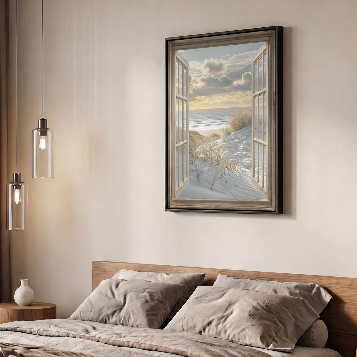 LEINWAND Bilder mit Rahmen - Ausblick - Strand - Dünen - Meer - Natur - 60x80 - Sandfarben, Textil (60/80cm) - MuchoWow