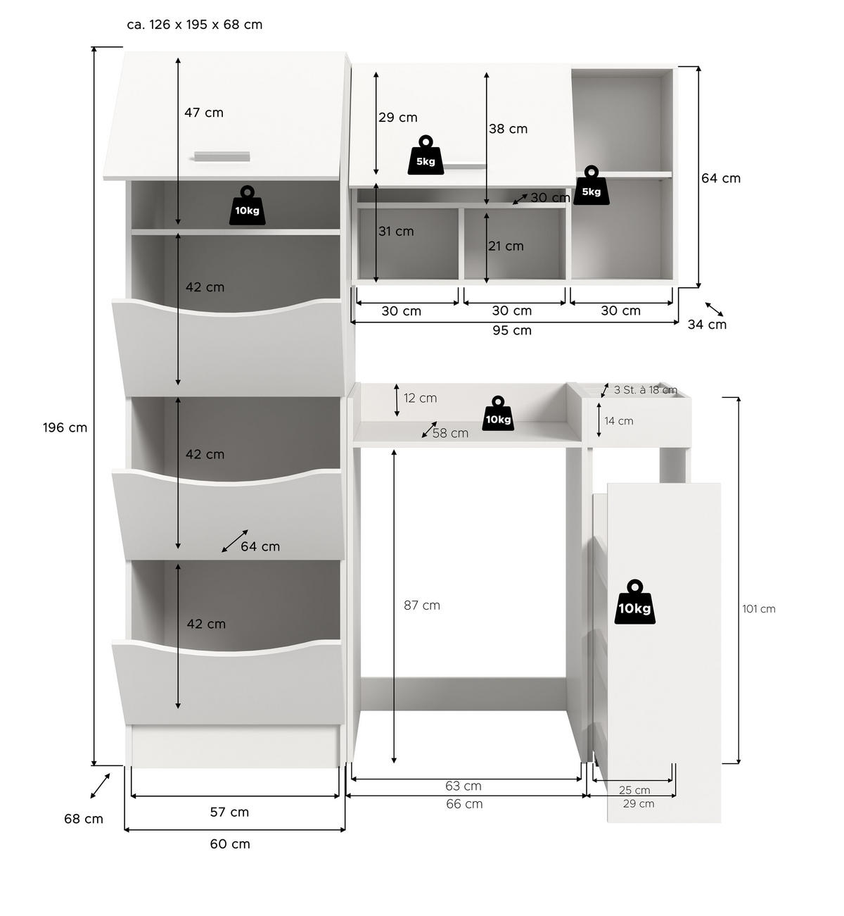 WASCHMASCHINENUMBAU 4tlg. Set Mixx Bad in weiß Nachbildung - modernes Design - B/H/T: 126x195x68 cm - Weiß, Holzwerkstoff (126/195/68cm) - Homes & Jones