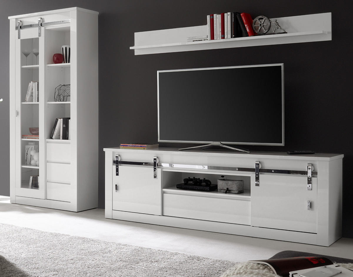 WOHNWAND weiß Hochglanz 3-teilig 309 x 201 cm, Wohnkombination mit Soft-Close - Chromfarben/Weiß Hochglanz, Glas/Holzwerkstoff (309/201/43cm) - Furn.Design