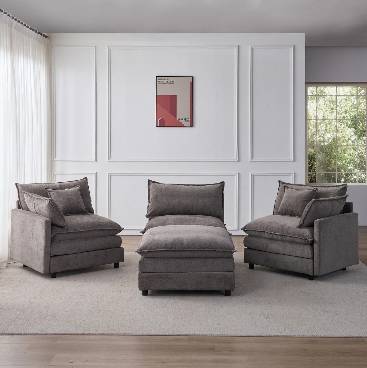 ECKSOFA 266/160/83 cm aus Chenille mit modularem Hocker Grau - Grau, Textil (154/267cm) - Modenvie