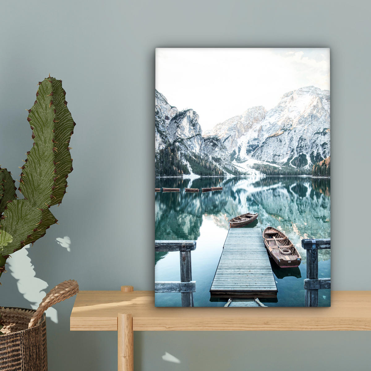 LEINWANDBILD Natur - Berge - Schnee - Wald - Boot 20x30 cm - Hellgrün, Textil (20/30cm) - MuchoWow
