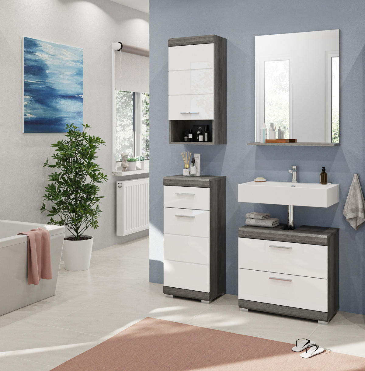 BADMÖBEL-SET weiß Hochglanz, grau 4-teilig 112 cm, Kombination mit viel Stauraum - Weiß Hochglanz/Grau, Holzwerkstoff (112/191/34cm) - Inn.Furn