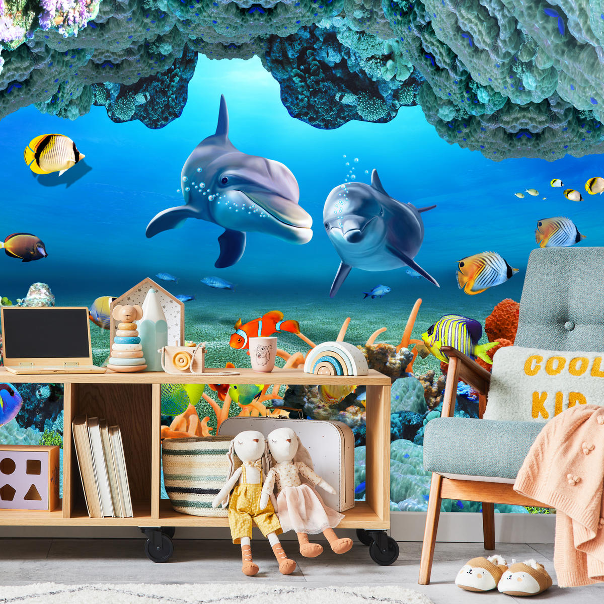 FOTOTAPETE für Badezimmer Unterwasser Korallenriff Delfin Fisch 350x256 - Türkis/Gelb, Papier (350/256cm) - Muralo