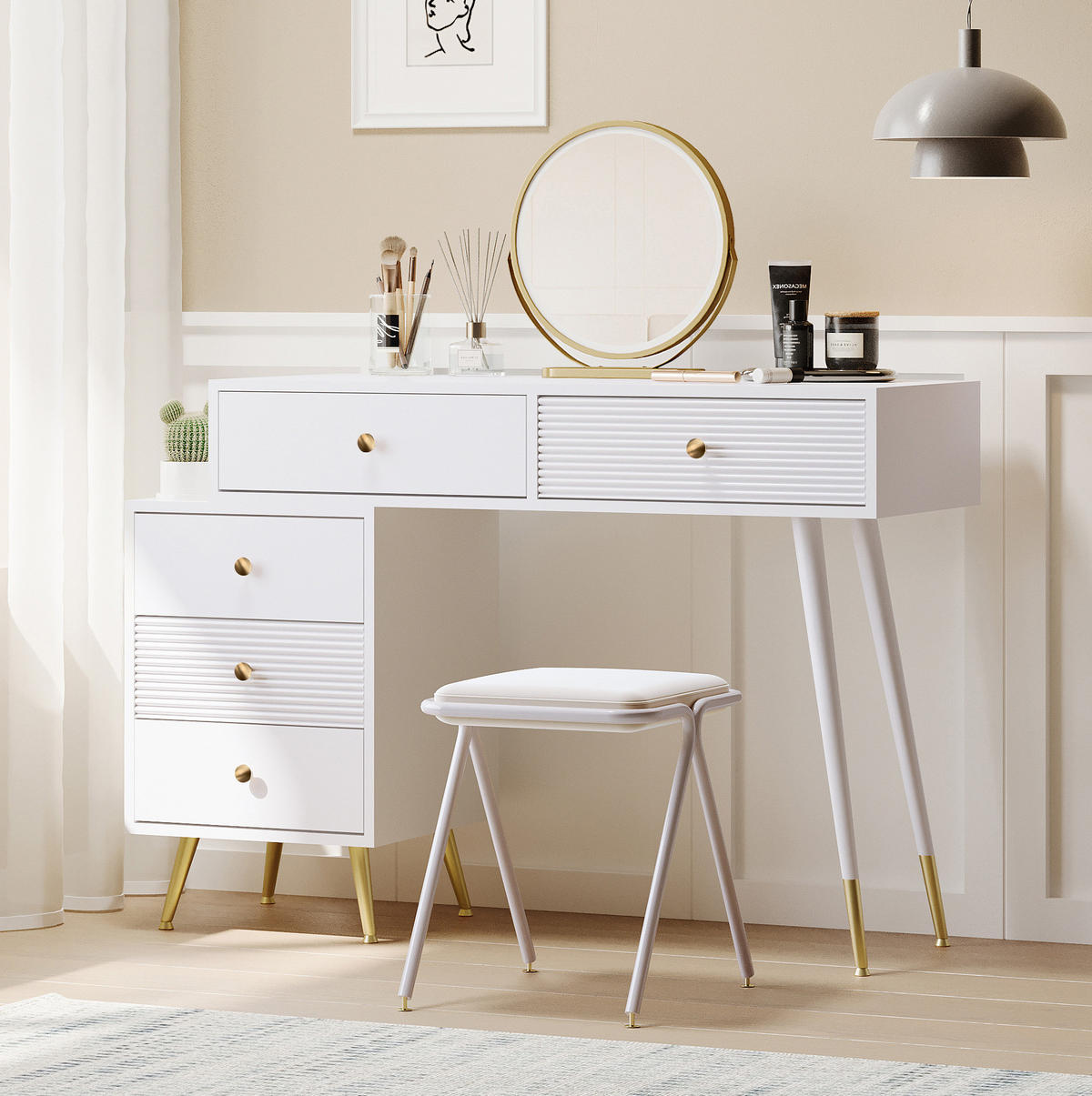 SCHMINKTISCH 100/40/78 cm in Weiß mit LED-Beleuchtung und flexiblem Seitenschrank - Weiß, Holzwerkstoff (40/78.5/100cm) - Flora Grace