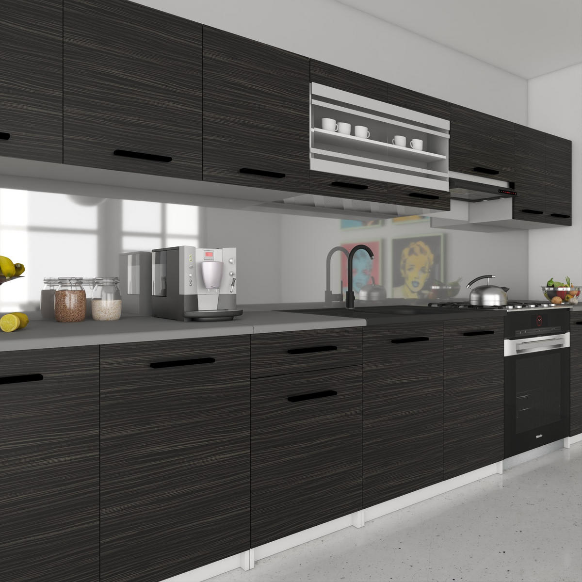 KÜCHENZEILE Italia 3 320 cm, mit Arbeitsplatten, Ebenholz - Schwarz, Holz (320/143/60cm) - B BELINI GROUP