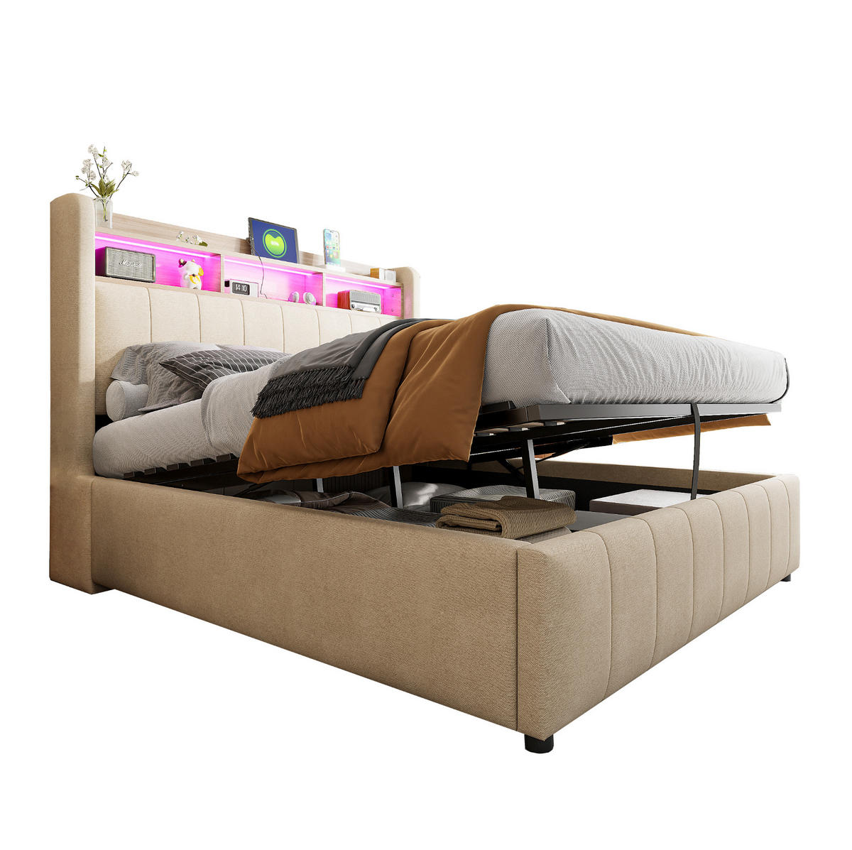 POLSTERBETT 140/200 cm Beige mit LED-Beleuchtung, Stauraum und USB/Type-C - Beige, Textil (140/200cm) - Flora Grace
