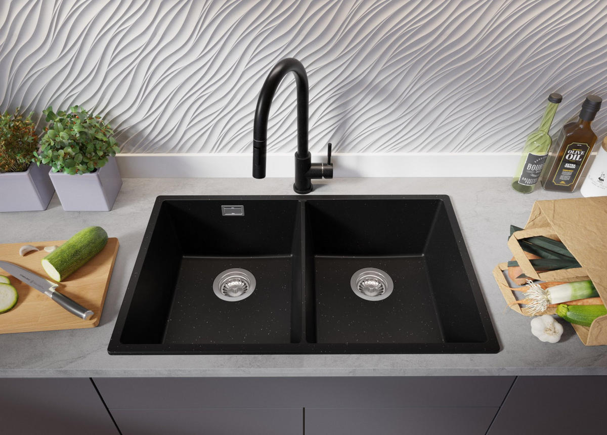 SPÜLBECKEN London Slim Twin, 2-er set Schwarz Metallic 76/47 cm 2 Becken + Ablauf-Set ab 80er Unterschrank - Chromfarben/Schwarz Hochglanz, Kunststoff (76/20/47cm) - Primagran