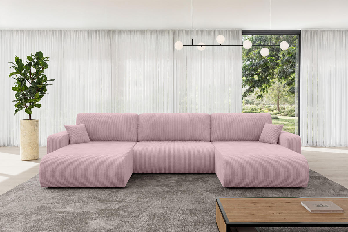 SEDACÍ SOUPRAVA DO U s funkcí spaní a úložným prostorem BERY-U 377x193x88 růžová manšestr - růžová/černá, kompozitní dřevo/textil (377/88/193cm) - ALTDECOR
