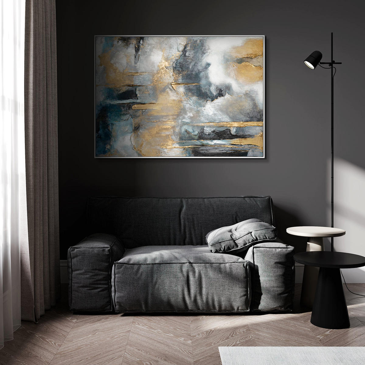 GEMÄLDE Goldene Konsonanzen II Schattenfugenrahmen Weiß 120x80 cm - Weiß, Holz (120/80cm) - YS-art gallery