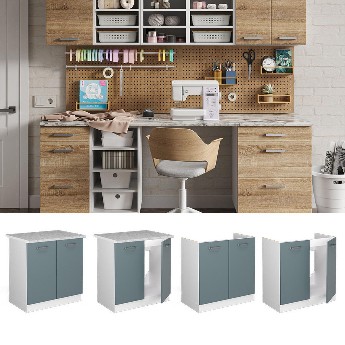 SPÜLENUNTERSCHRANK R-Line Blau-Grau 80 cm mit Türen, ohne Arbeitsplatte - Blaugrau/Weiß, Holzwerkstoff (80/81.6/46cm) - Vicco