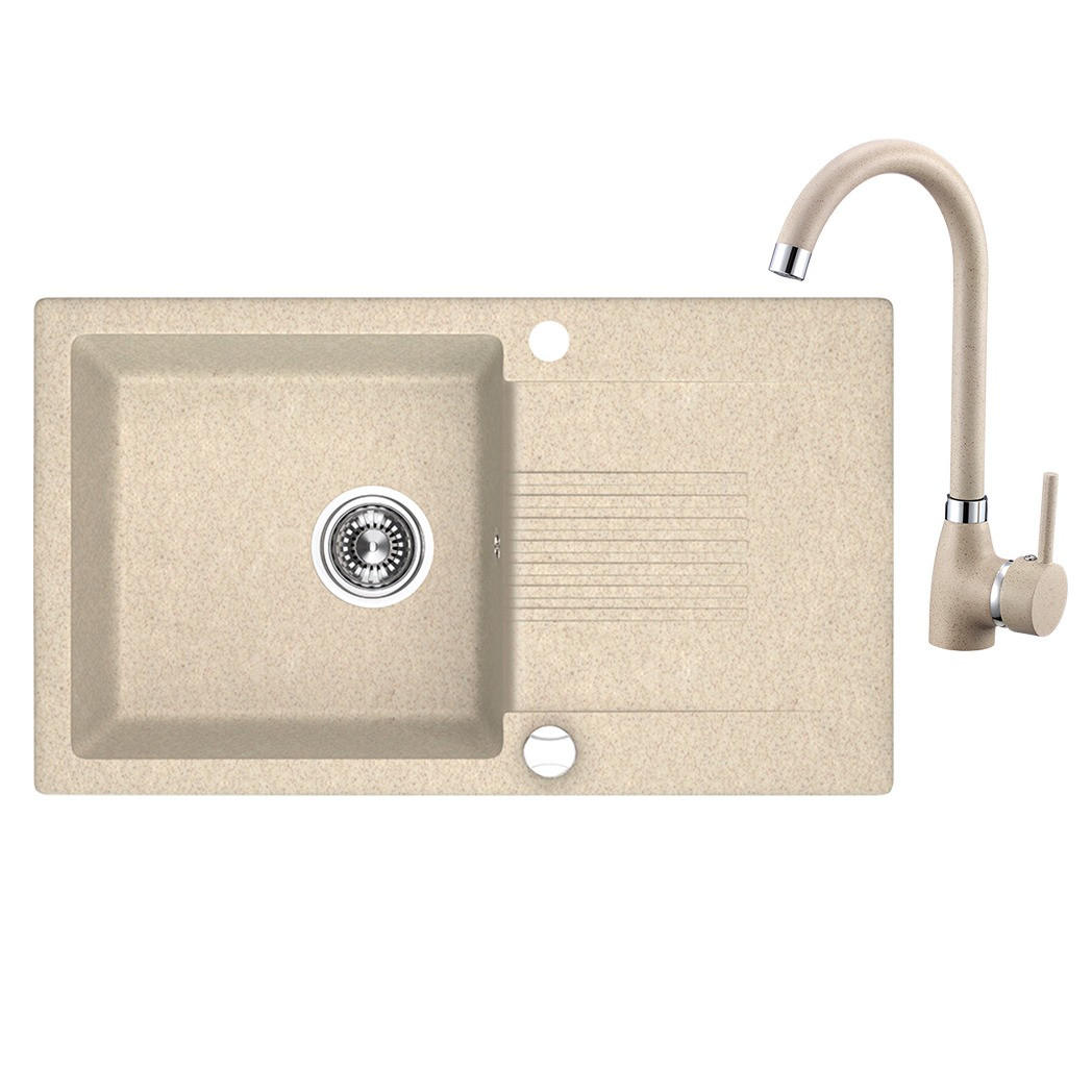 SPÜLEN-SET Celia Beige, 3-teilig, Einzelbecken, mit Armatur, 44/76/18,5 cm - Beige, Stein (44/18.5/76cm) - bad land