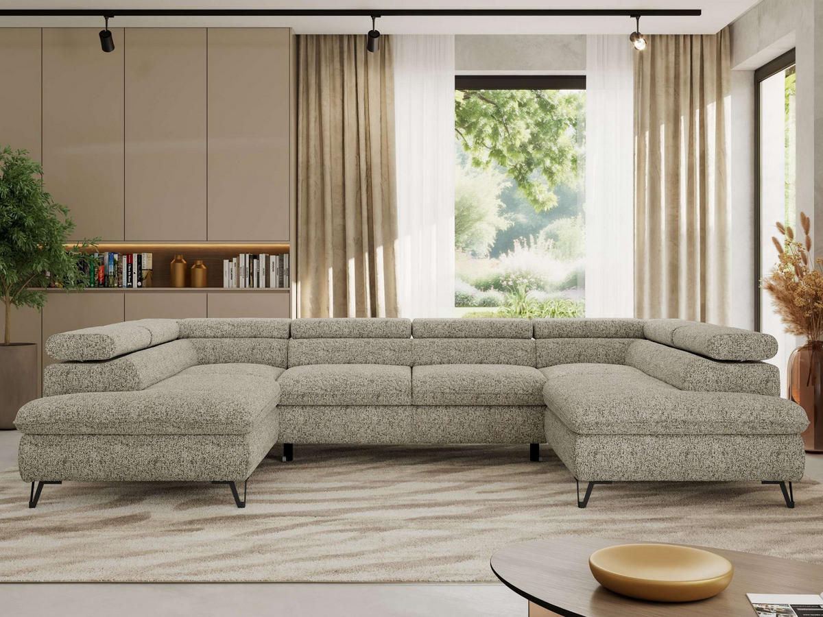 WOHNLANDSCHAFT PABLO U Strukture Beige mit Topper Visco - Beige/Schwarz, Textil/Metall (346/76/208cm) - MKS