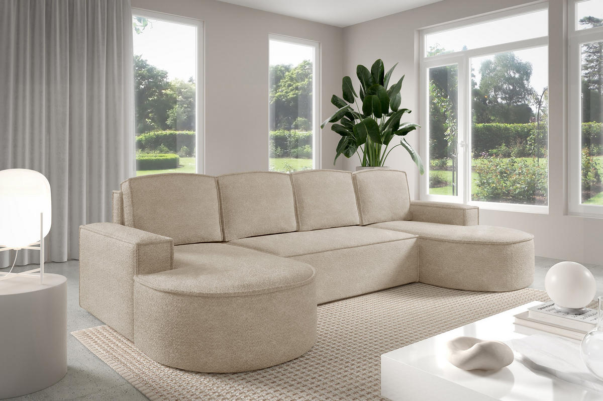 ECKSOFA MOLLY U Freistehendes, mit Schlaffunktion, 140x273cm, Bettkasten und Abnehmbaren Kissen – 316x157x88cm, Abriamo Stoff, Beige - Sandfarben, Holz/Textil (316/157cm) - DomoHome