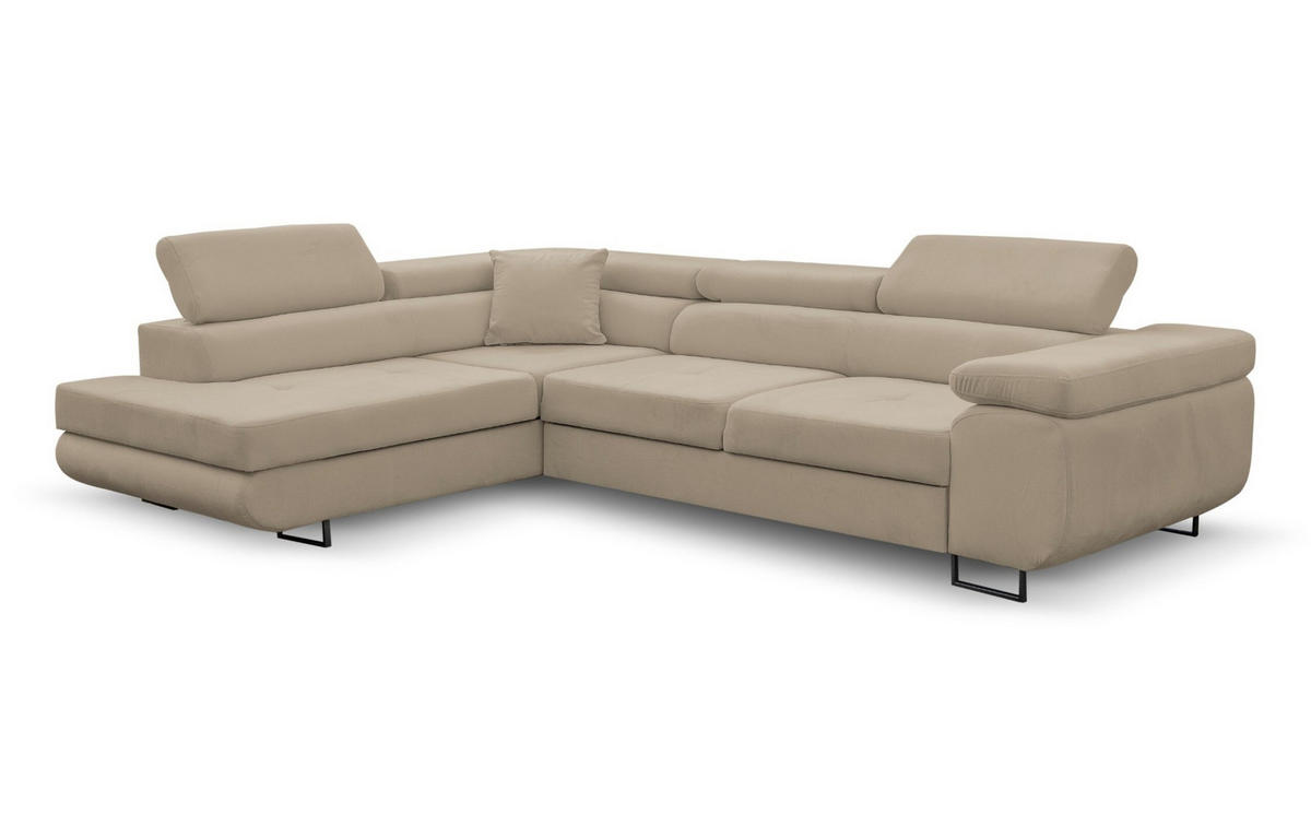 ECKSOFA Jerry in L-Form mit Schlaffunktion und Bettkasten, Farbe: Beige, Veloursstoff, Ottomane Links - Beige, Textil (202/275cm) - VENASI MÖBEL