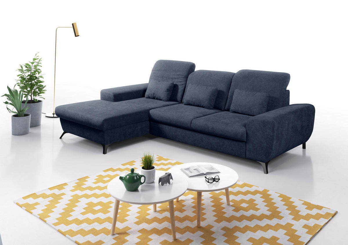 ECKSOFA LUCE L-S Blau Plüsch-Stoff mit Schlaffunktion - Blau, Holz (279/172cm) - MASSENO