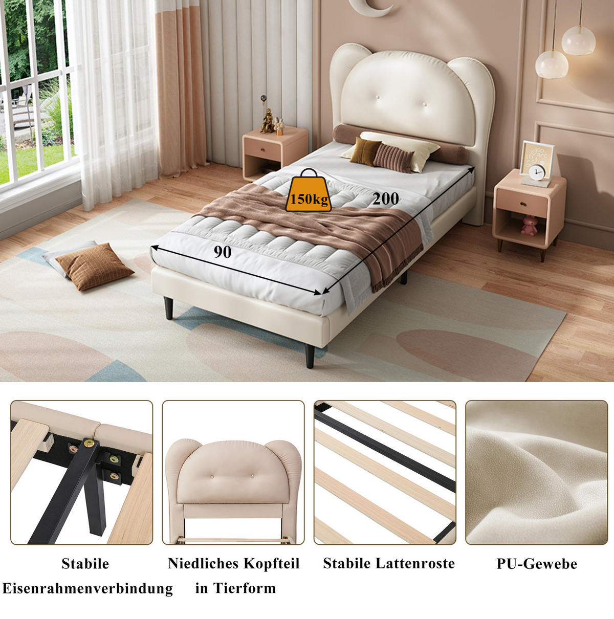 KINDERBETT 90/200 cm mit tierförmigem Kopfteil, stabilem Lattenrost und Eisenrahmen, PU, Beige - Beige, Kunststoff (90/200cm) - Redom