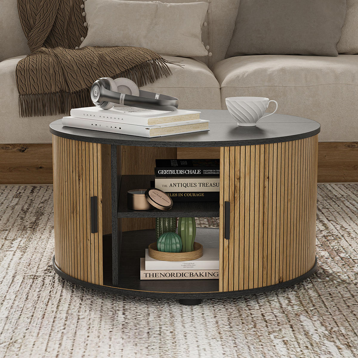 MASUTA DE CAFEA Selva Stejar/negru 80 x 80 cm cu usa culisanta - culoare lemn stejar/negru, compozit lemnos (80/80/45cm) - Vicco
