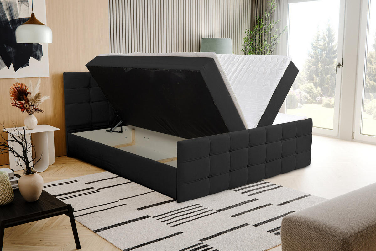 BOXBETT NATALIE mit 2 Bettkästen, 160x200, Farbe: Schwarz, Velourstoff, mit Bonell-Matratze inkl. Topper - Schwarz, Holz/Kunststoff (160/200cm) - VENASI MÖBEL