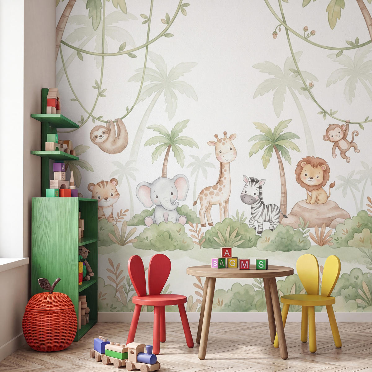 KINDERTAPETE - Tiere - Dschungel - Pastell - 220x200 cm - Weiß, Papier (220/200cm) - OnlyWow