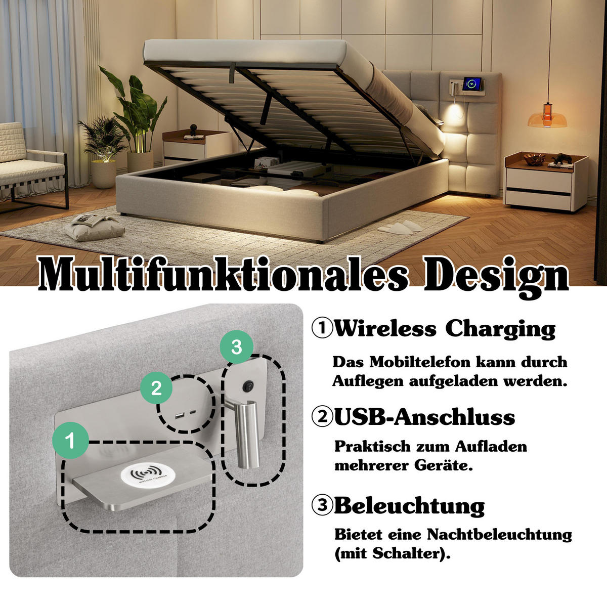POLSTERBETT 180x200cm Hydraulik USB Wireless Grau Stauraum - Grau, Naturmaterialien (180/200cm) - FLIEKS