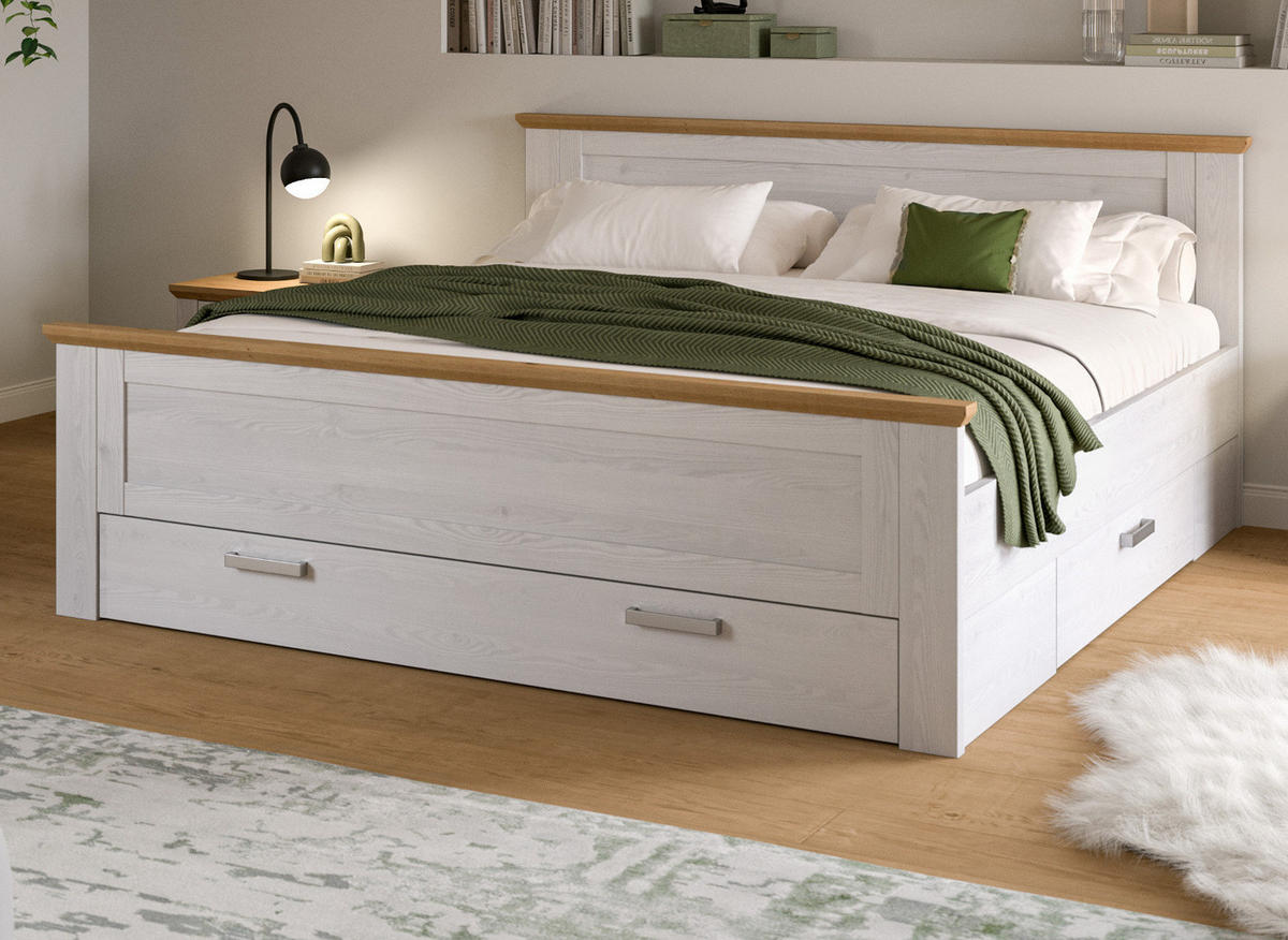 BETT weiß Lärche, Eiche Artisan Landhaus Liegefläche 180 x 200 cm, Doppelbett mit 3 Bettschubkästen - Eichefarben/Weiß, Holzwerkstoff/Metall (180/200cm) - Inn.Furn