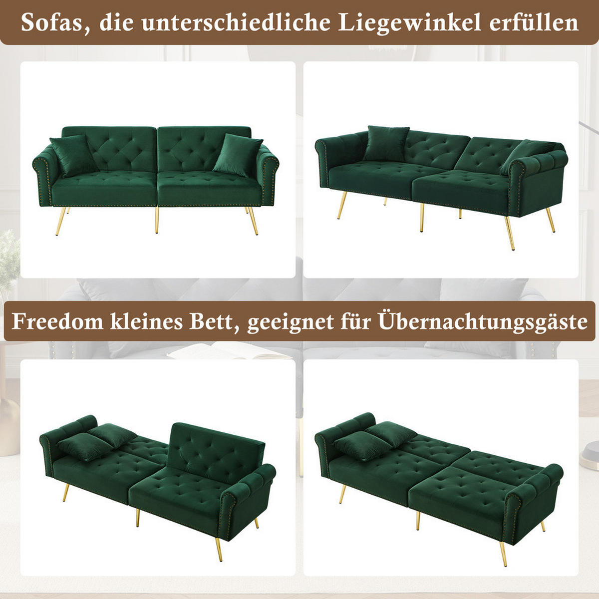 SOFA 2-Sitzer Schlaffunktion Samtbezug Verstellbare Lehne Metallfüße Kleinraum - Grün, Holz (89.54/19.81/76.84cm) - FLIEKS