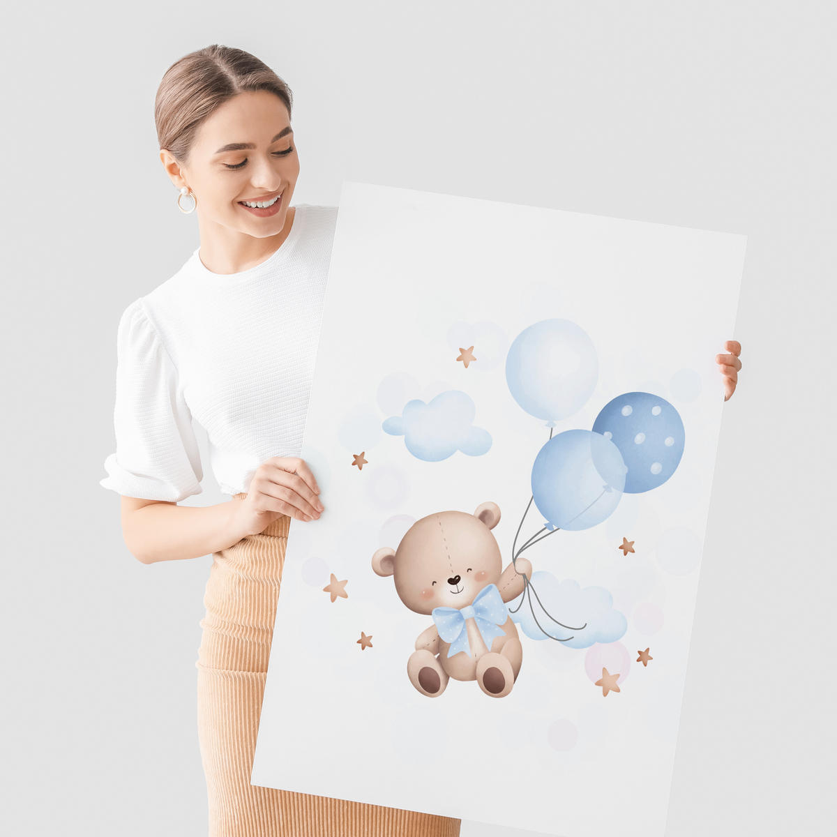 SADA PLAGÁTOV Do Detskej Izby Mackovia Modré Balóny Oblaky Hviezdy 3x Plagát A4 21 x 30 cm - hnedá/žltá, papier (21/30/1cm) - Muralo