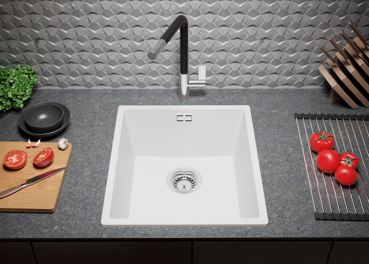 GRANITSPÜLE London Slim, 2-er set Alles Weiß 41/47 cm 1 Becken + Küchenarmatur 32/20 cm + Ablauf-Set ab 45er Unterschrank - Weiß, Kunststoff (41/20/47cm) - Primagran