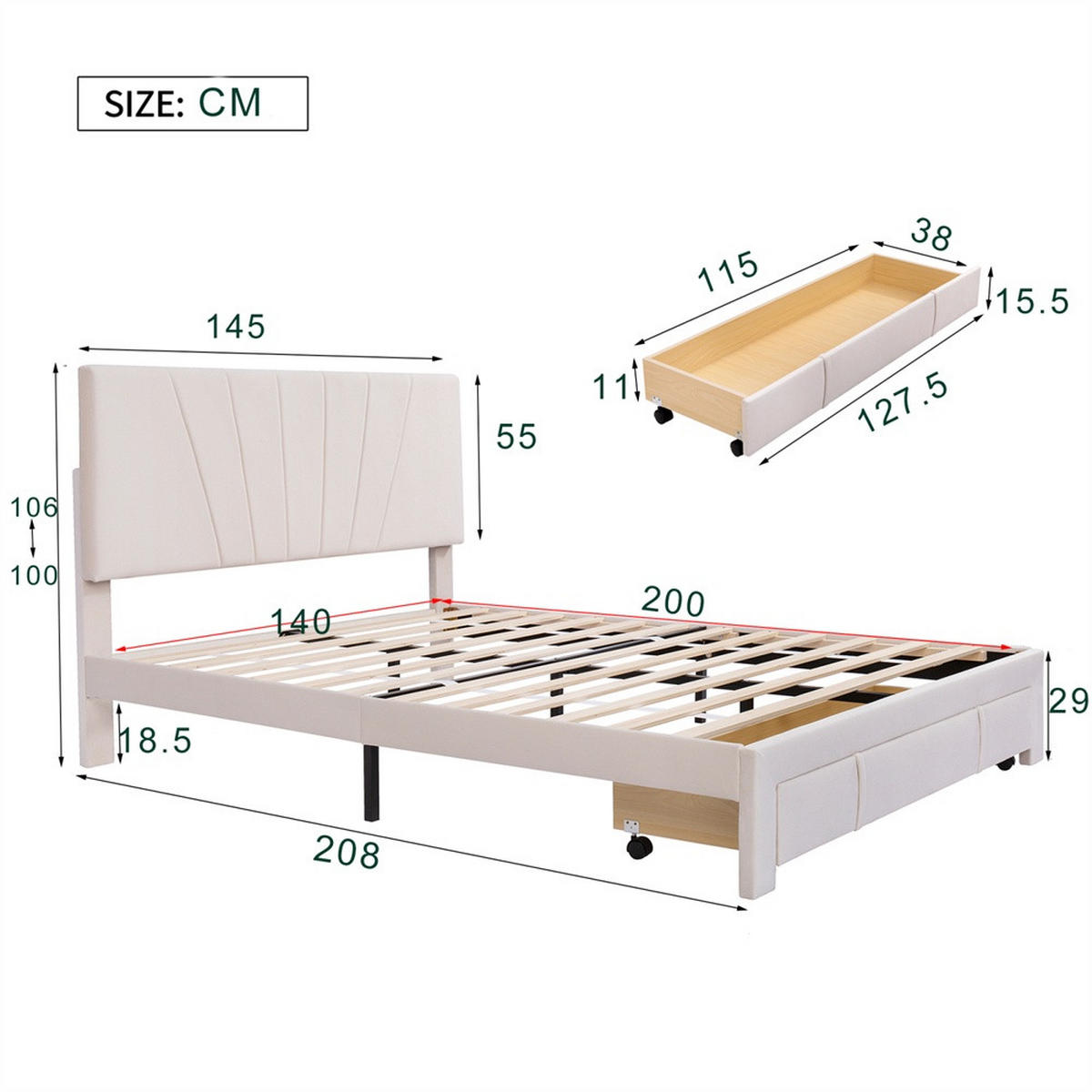 POLSTERBETT 140x200 cm mit höhenverstellbarem Kopfteil - Integrierte Bettschublade am Fußende - ohne Matratze - Beige - Beige, Textil (140/200cm) - DELFA