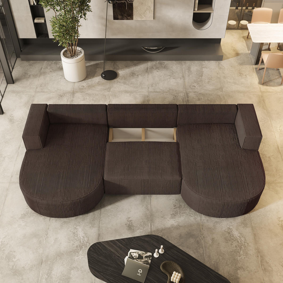 WOHNLANDSCHAFT VEZZO P Braun Kordstoff mit Schlaffunktion - Braun, Holz (347/85/174cm) - MASSENO