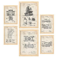 POSTER Set Mit 6 Plakaten Mit Zug Patenten Im Vintage Stil A3 & A4 Rahmen Aus Hellem Holz - Beige, Papier (29/3cm) - Nacnic